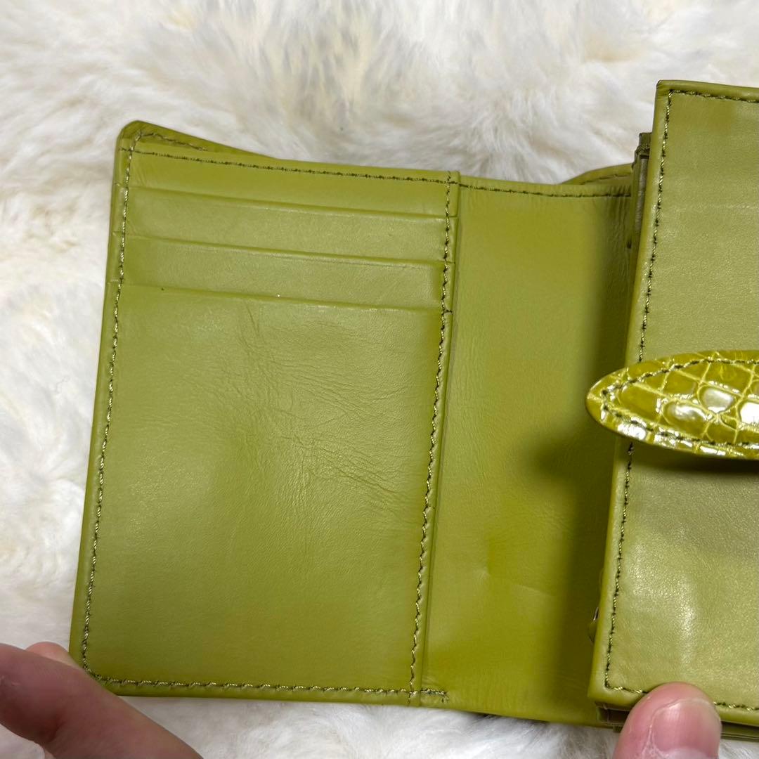 リアルクロコダイル革 シャイニング ライトグリーン H金具折り財布 鰐革 ワニ