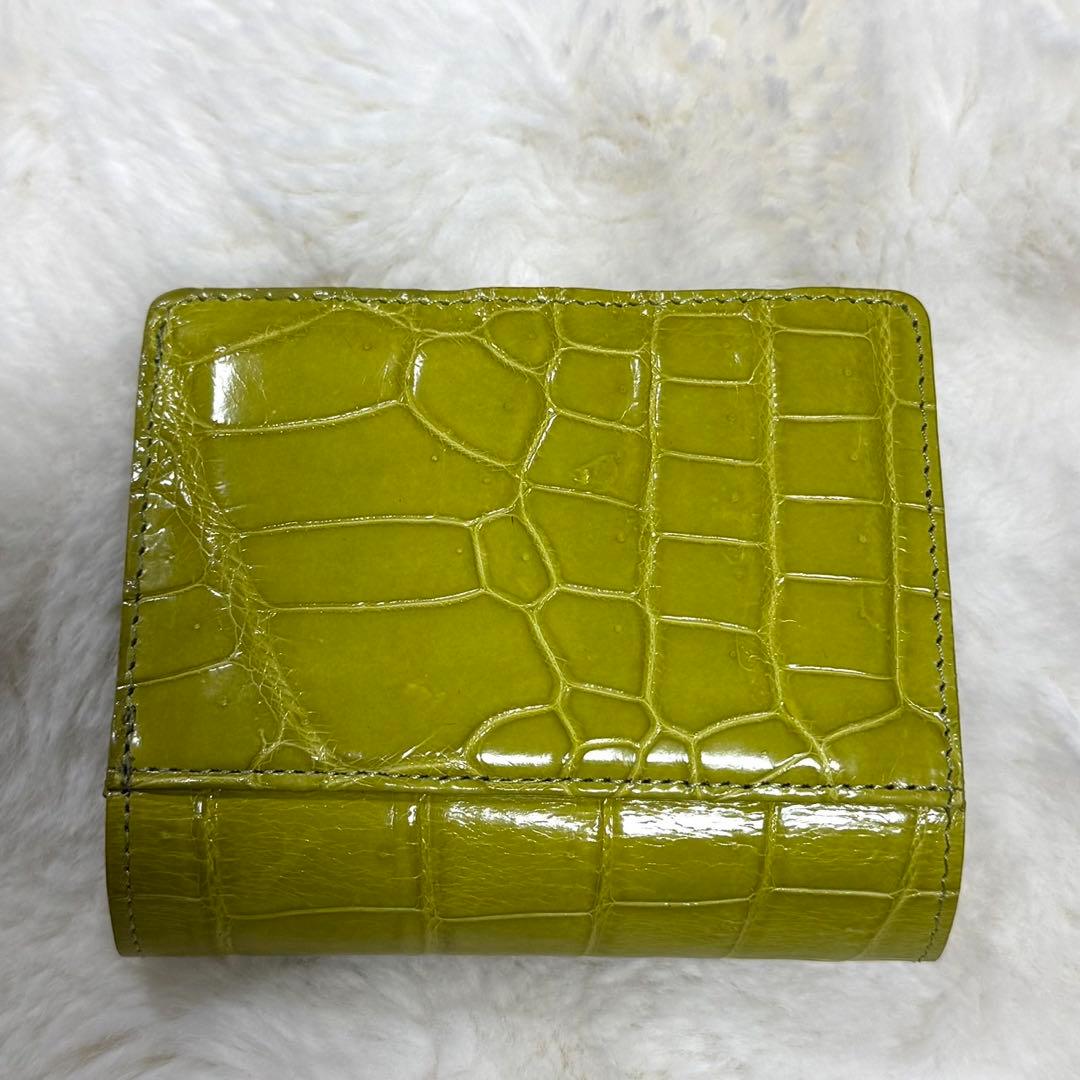 リアルクロコダイル革 シャイニング ライトグリーン H金具折り財布 鰐革 ワニ