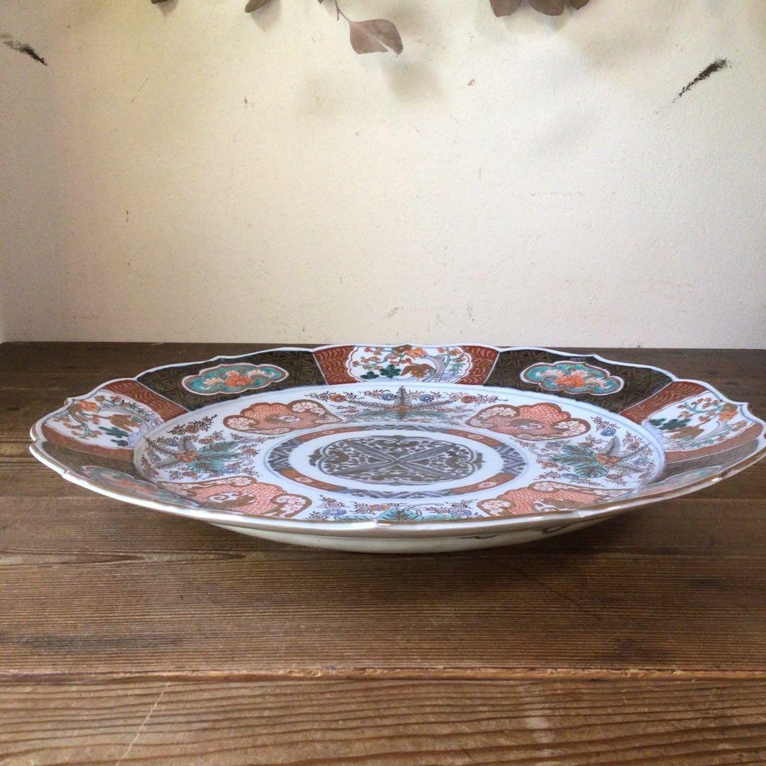 No4177古伊万里　赤絵金彩花鳥文　輪花大皿　直径40.5cm 飾皿　送料無料