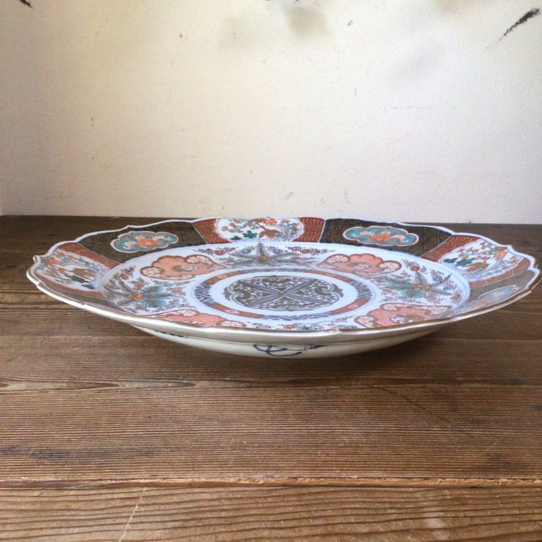 No4177古伊万里　赤絵金彩花鳥文　輪花大皿　直径40.5cm 飾皿　送料無料