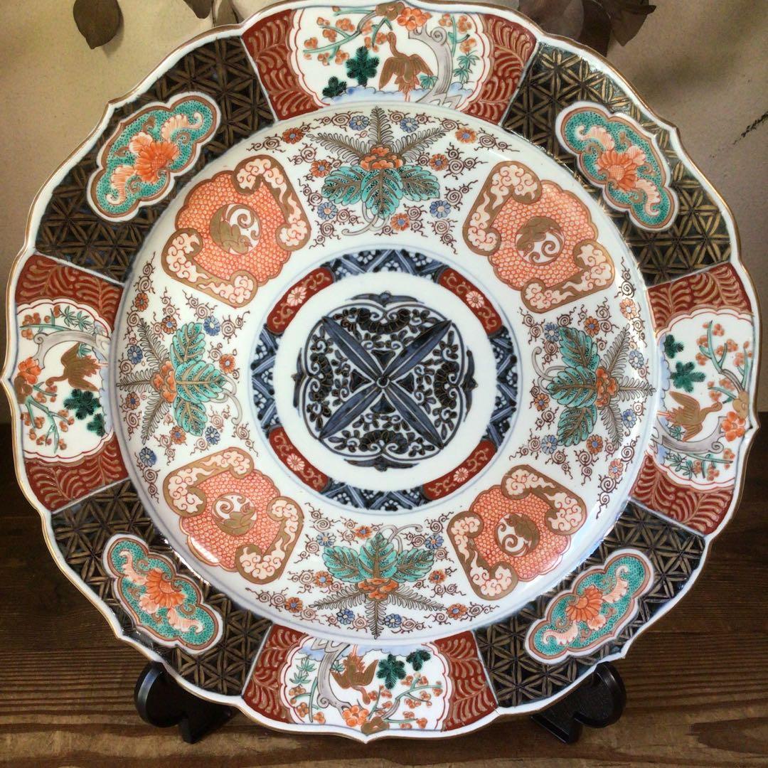 No4177古伊万里　赤絵金彩花鳥文　輪花大皿　直径40.5cm 飾皿　送料無料