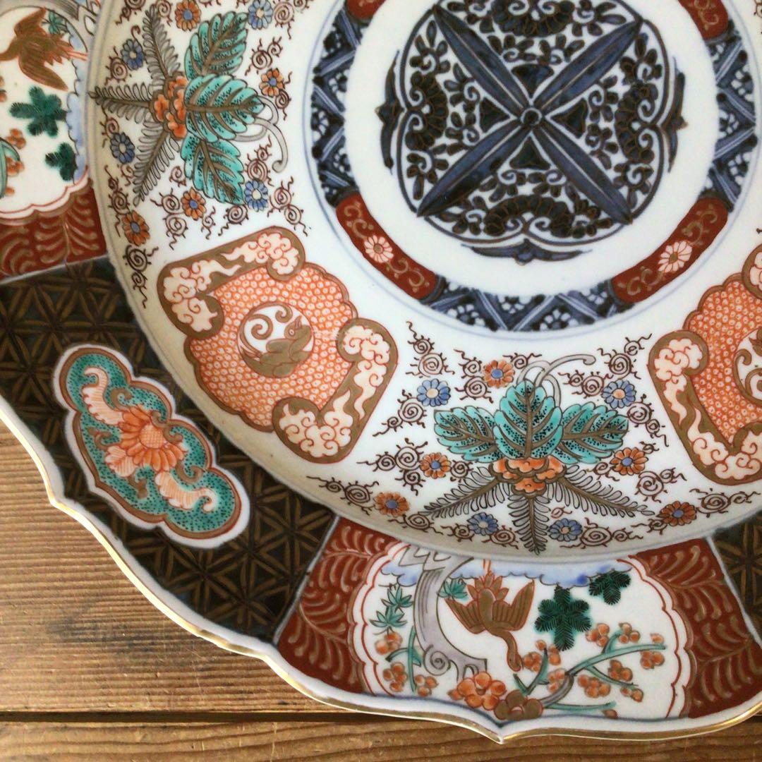 No4177古伊万里　赤絵金彩花鳥文　輪花大皿　直径40.5cm 飾皿　送料無料