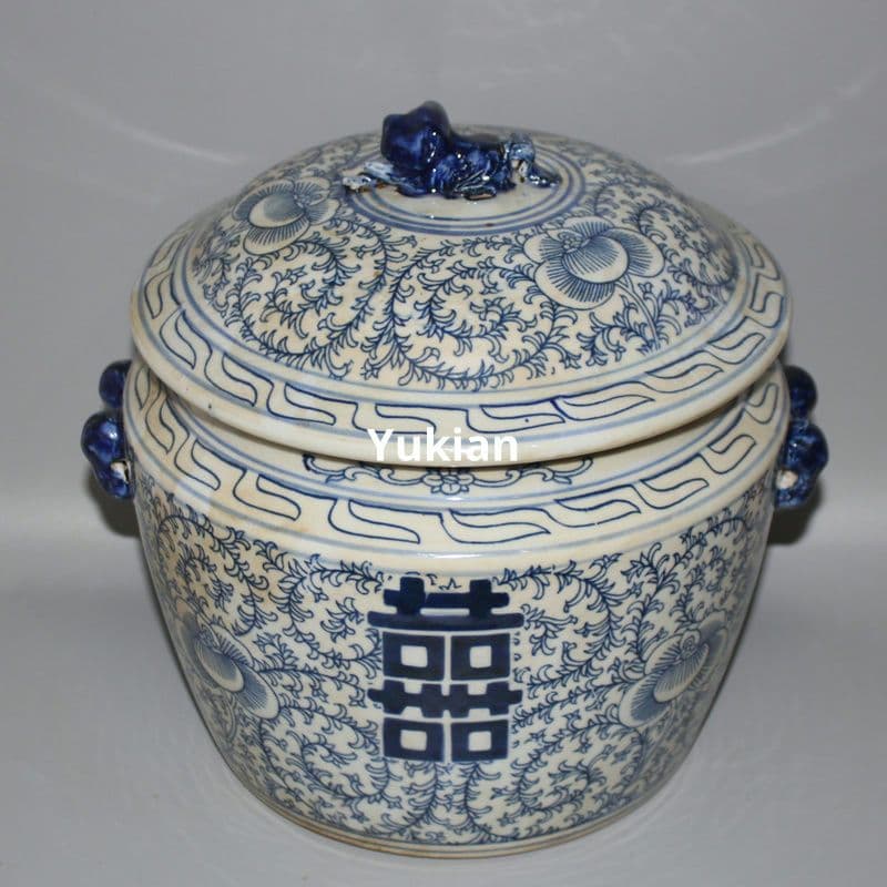 四喜青花缶 喜字缶 磁器 将軍缶 現代工芸品 美術品 装飾品 置物