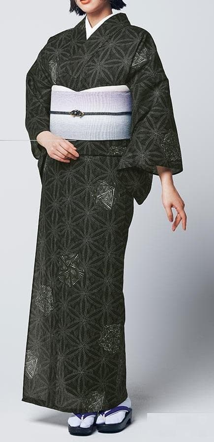 ★なおはる★サロン浴衣 縦絽 細密染 麻の葉柄 黒茶系