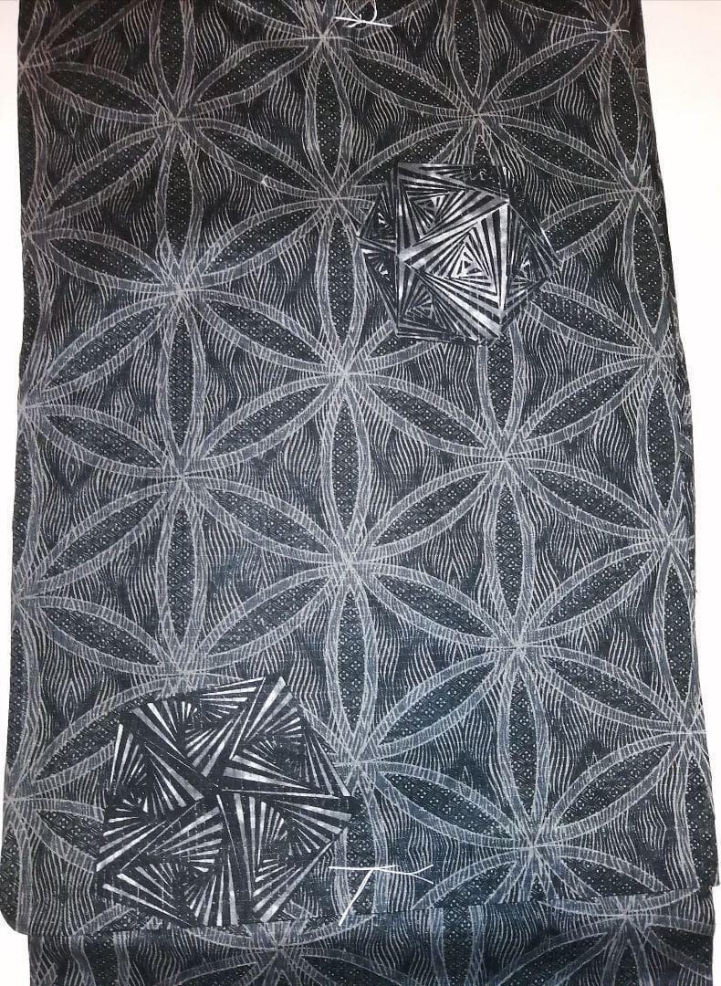 ★なおはる★サロン浴衣 縦絽 細密染 麻の葉柄 黒茶系