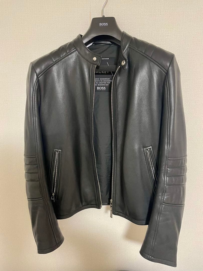 BOSS ブラックレザー シングルライダースジャケット