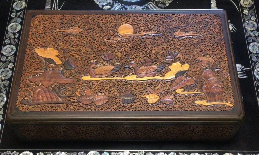 ⭐️特別⭐️紫檀 象嵌 おしどり花鳥月雲 大きな文箱 中国で購入アンティーク レア