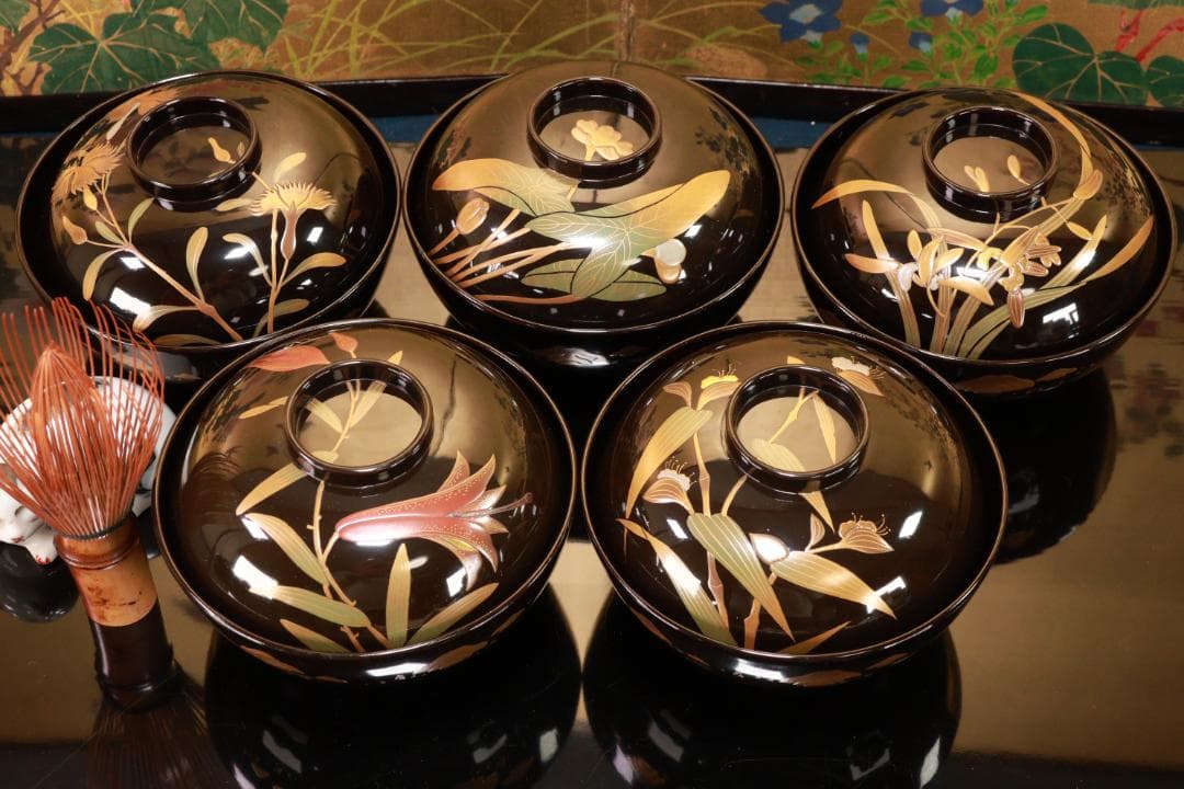 Akiko　輪島塗　図替わり　草花蒔絵　吸物椀　五客　木製　BJ118