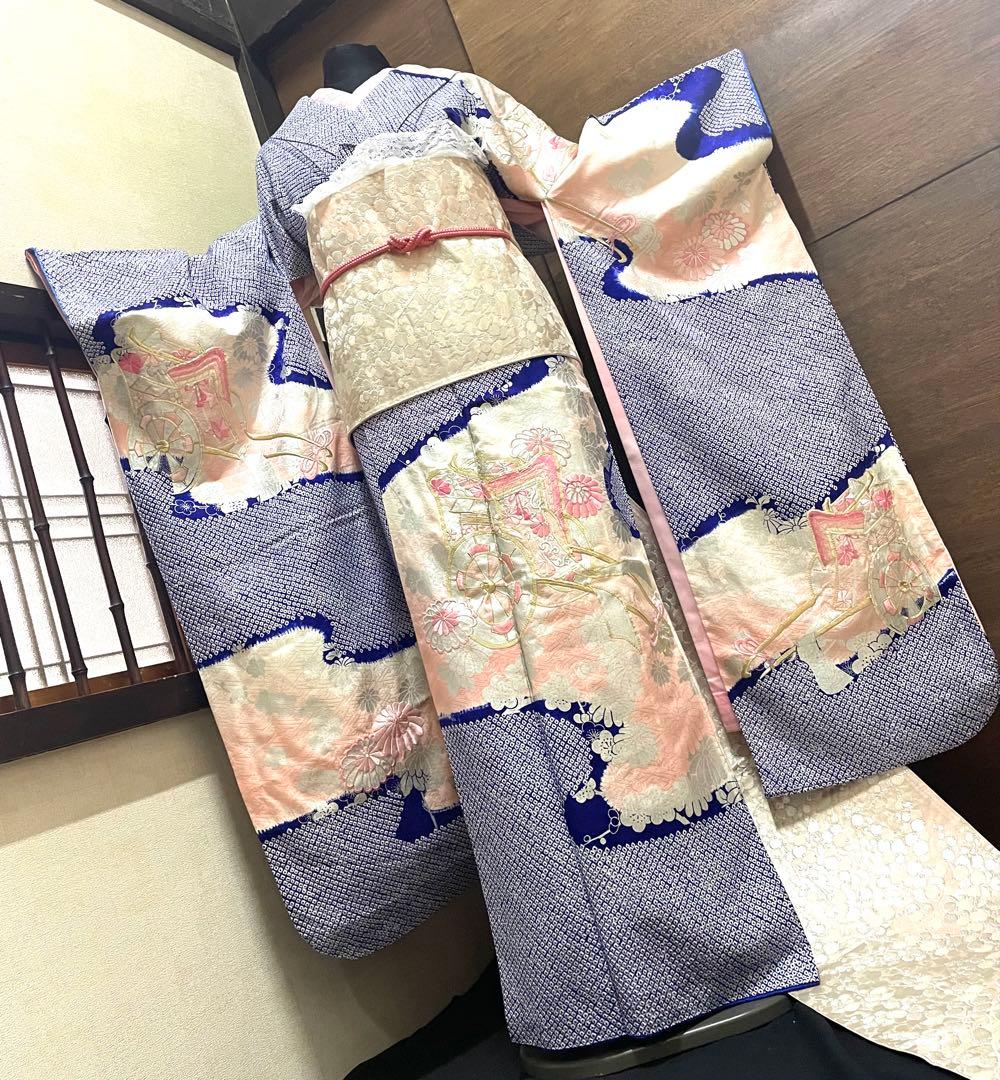 振袖 フルセット6点特価サイズM総絞り御所車銀駒刺繍　正絹　売り切り終了