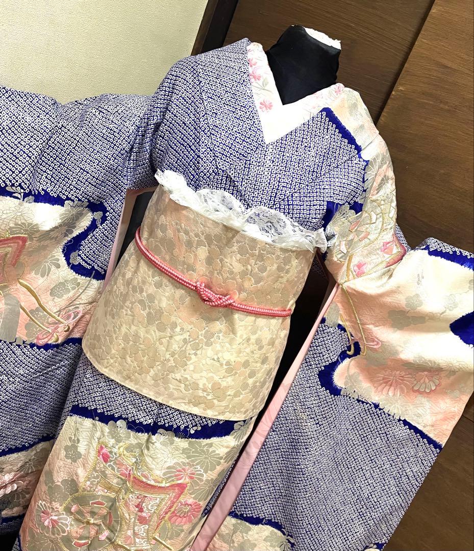 振袖 フルセット6点特価サイズM総絞り御所車銀駒刺繍　正絹　売り切り終了