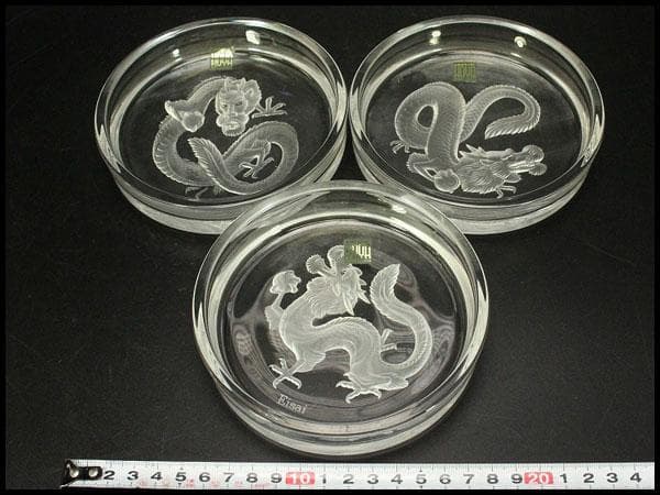HOYA クリスタル 龍皿 3個 揃 未使用(A608)