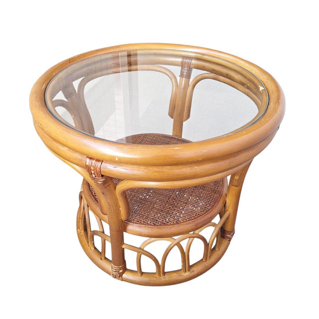 【良品】ヴィンテージ ラタン サイドテーブル ガラス