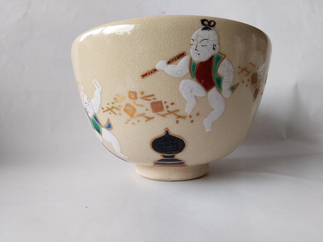 京焼 通次阿山 作 抹茶碗 『 仁清写 五条大橋 』共箱 茶碗 茶道具 美品