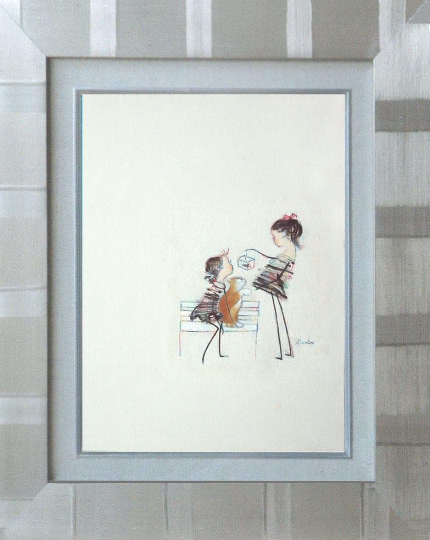 油絵 菅家令子絵 絵画インテリア額付(青緑＋金色の枠)F4-030219猫犬女子