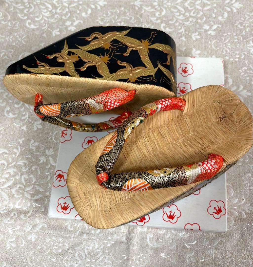 七五三　20㎝　ぽっくり　こっぽり本畳　黒漆塗り　鶴の図　鈴の音可愛い