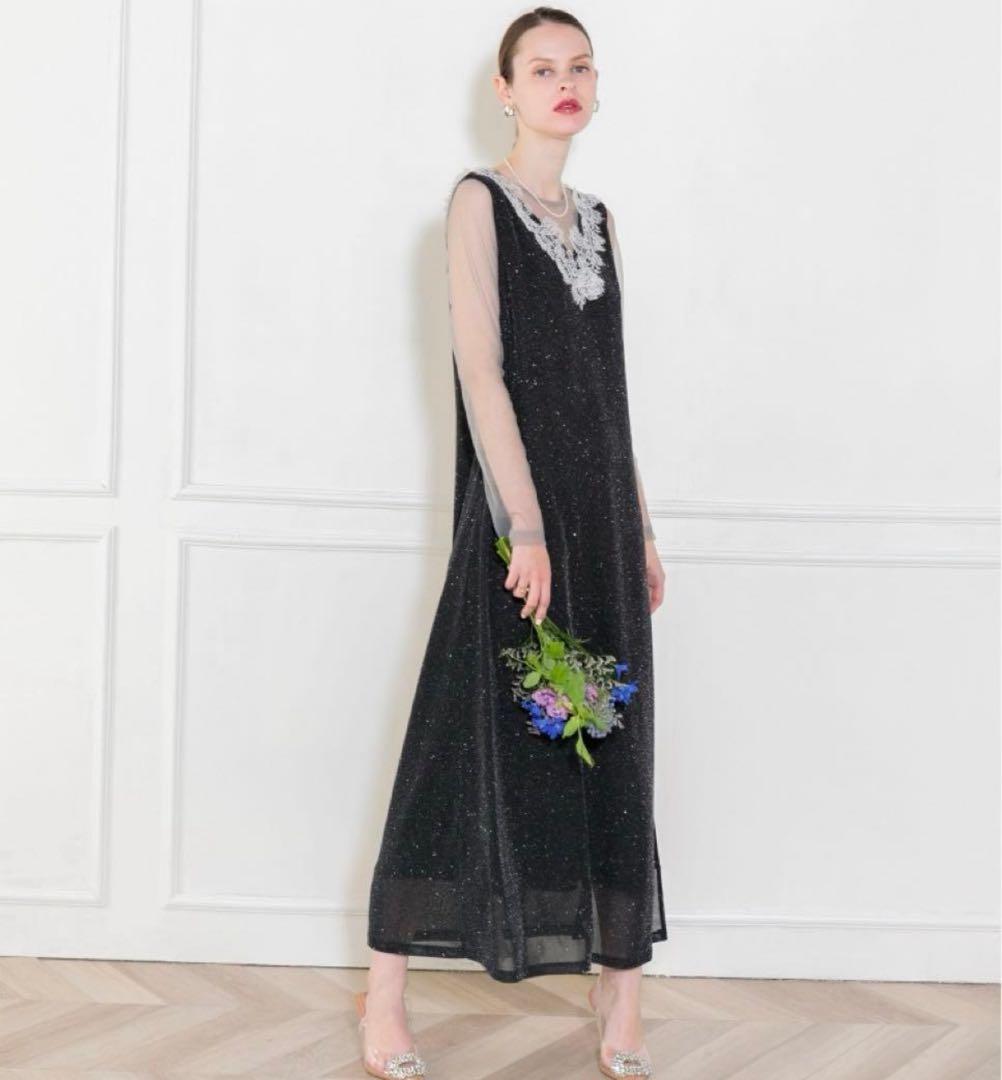 LEJA レースネック透け袖 スリットキラキラロングドレスワンピース FREE