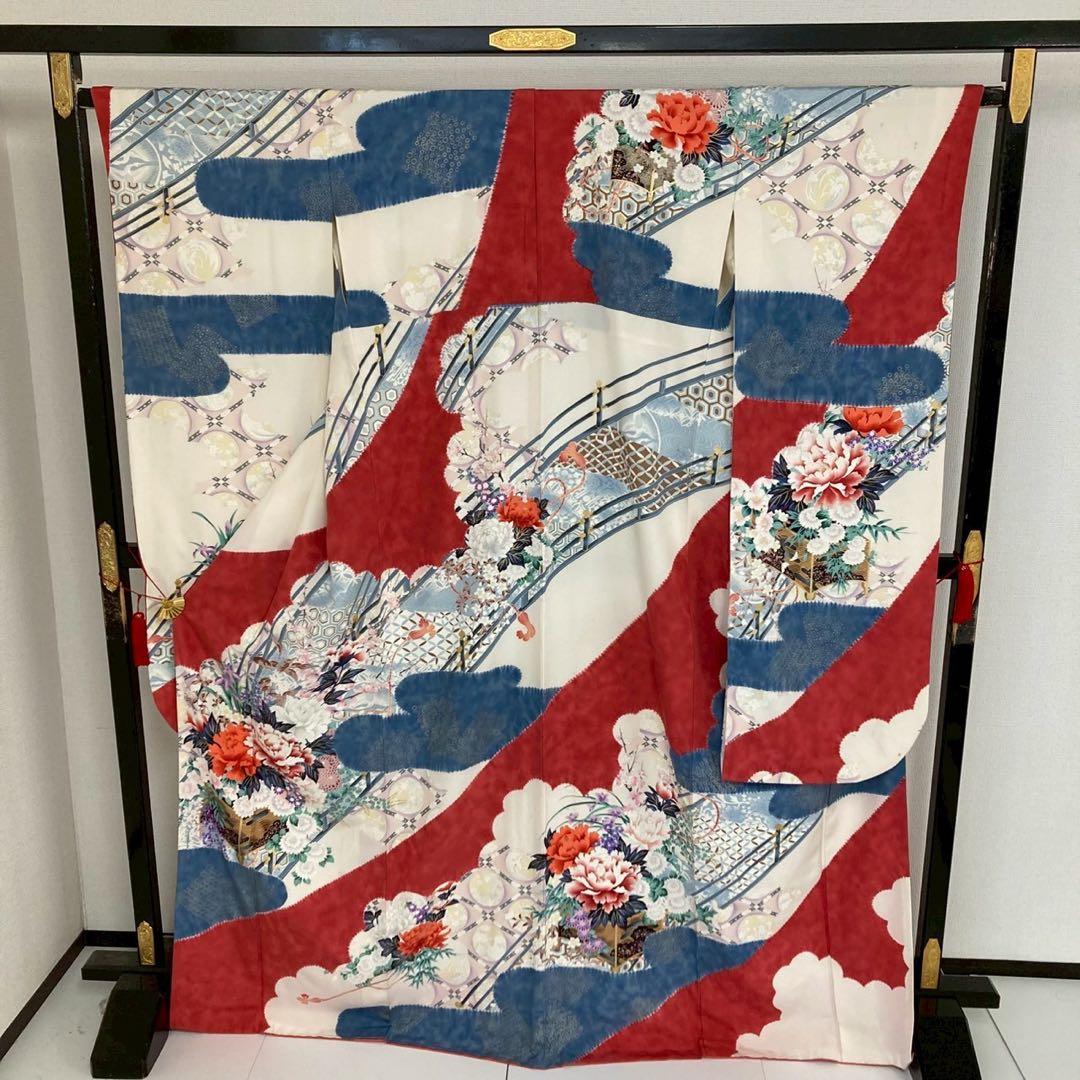 振袖 流れるデザイン 雲取 乱菊 金彩 正絹 広衿 袷 着物 U-4970