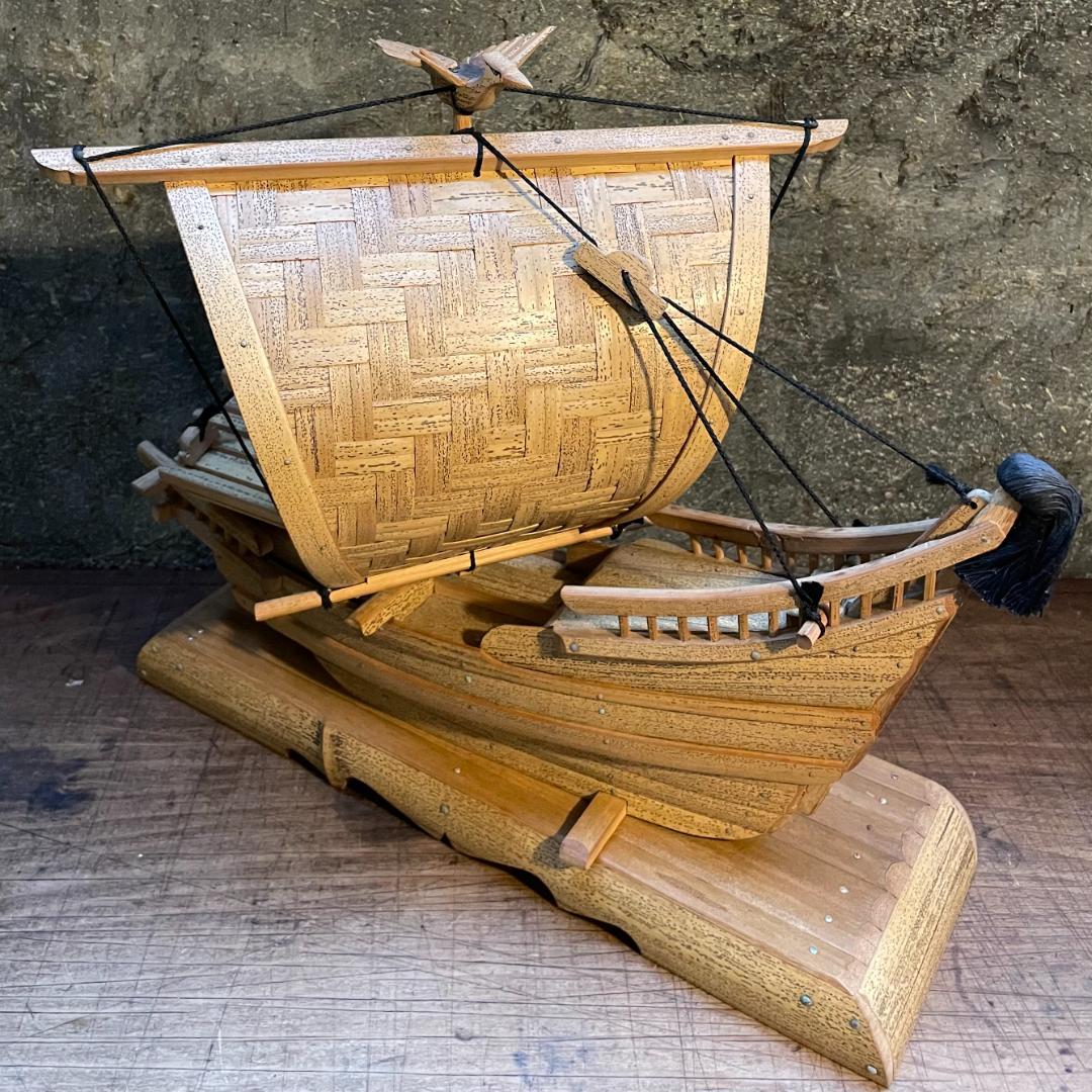 希少 帆船 模型 竹製 木造 宝船 和船 工芸品 舟 置物 ヴィンテージ 中型