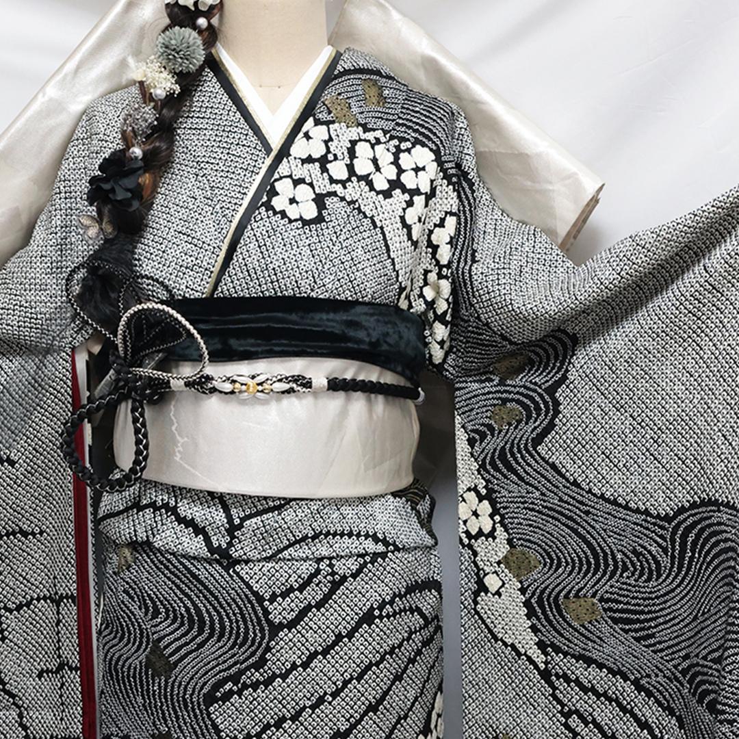 総絞り◆成人式◆振袖5点セット ◆163cmフルセット帯オマケ黒ブラック04Sh