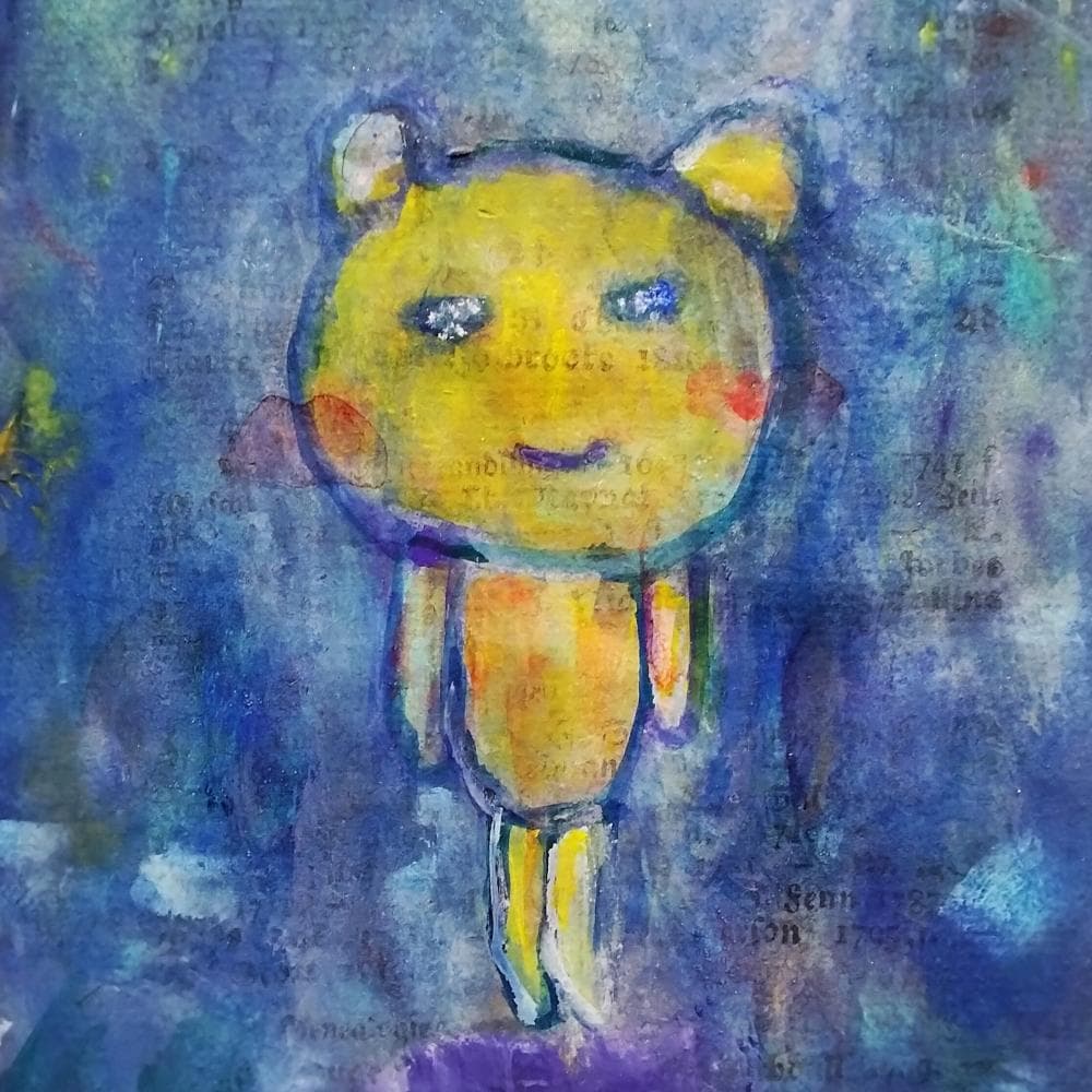 内野隆文　夜のくま　絵画　アンティークペーパー　アクリル画　現代美術　額付　真作