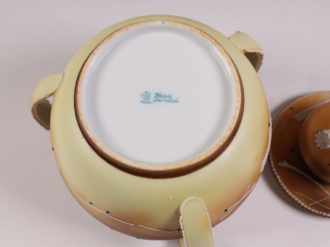 【CM322】オールドノリタケ トランプ スリーハンドル 葉巻入れ 蓋物 盛上