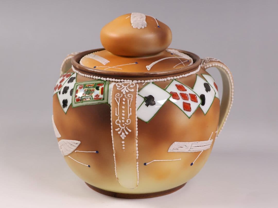 【CM322】オールドノリタケ トランプ スリーハンドル 葉巻入れ 蓋物 盛上