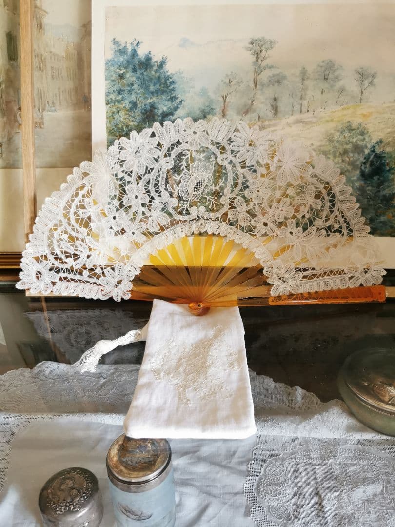 アンティークヴィクトリアンレースファン 琥珀/鼈甲飴色扇 ポワンドローズ ガーズ