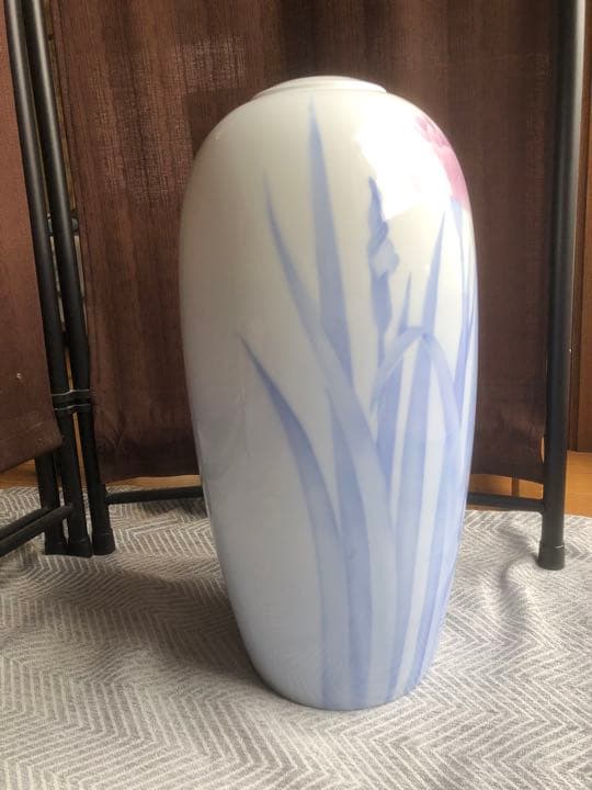 宮内庁御用達　深川製磁 官窯染付藍絵菖蒲文花瓶　大型　共箱　栞付き