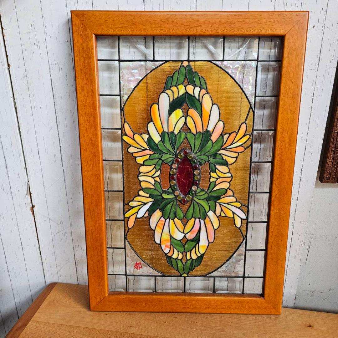 【p175/k】花柄 ステンドグラス 木製フレーム インテリア