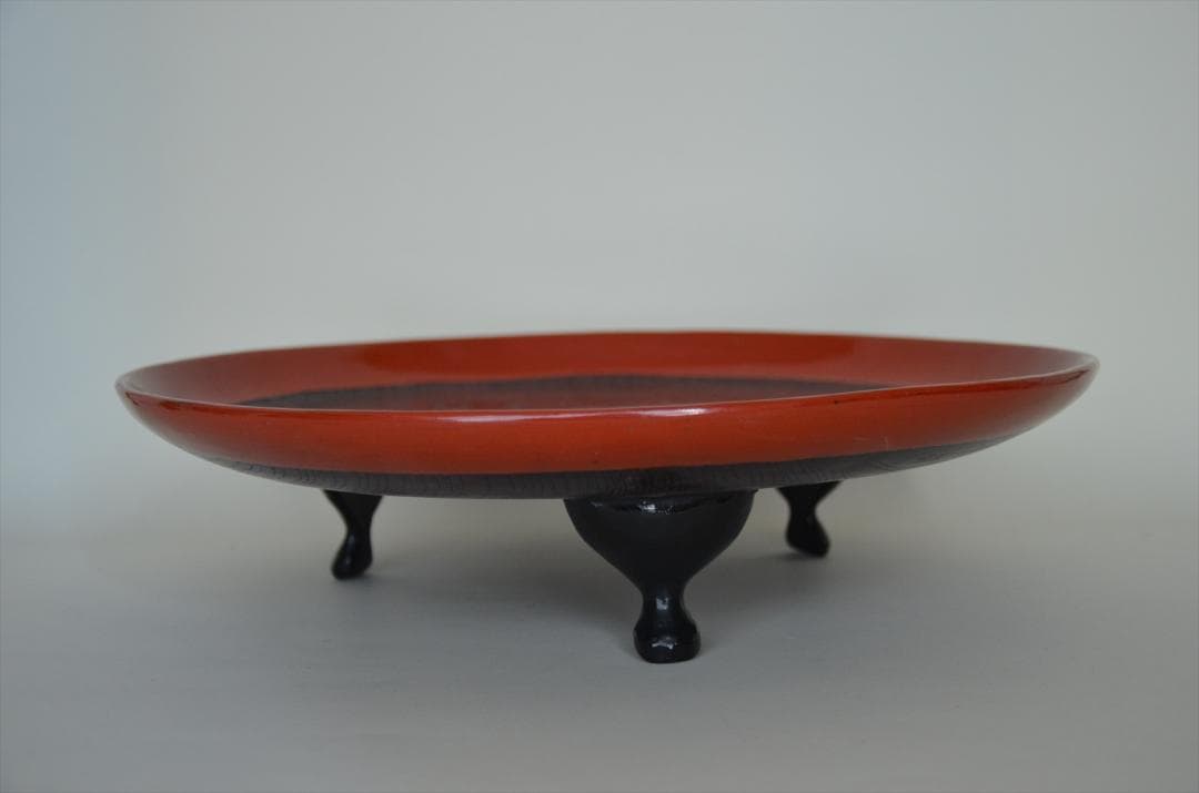 江戸末期　朱塗　拭漆　脚付　盆　骨董品　アンティーク