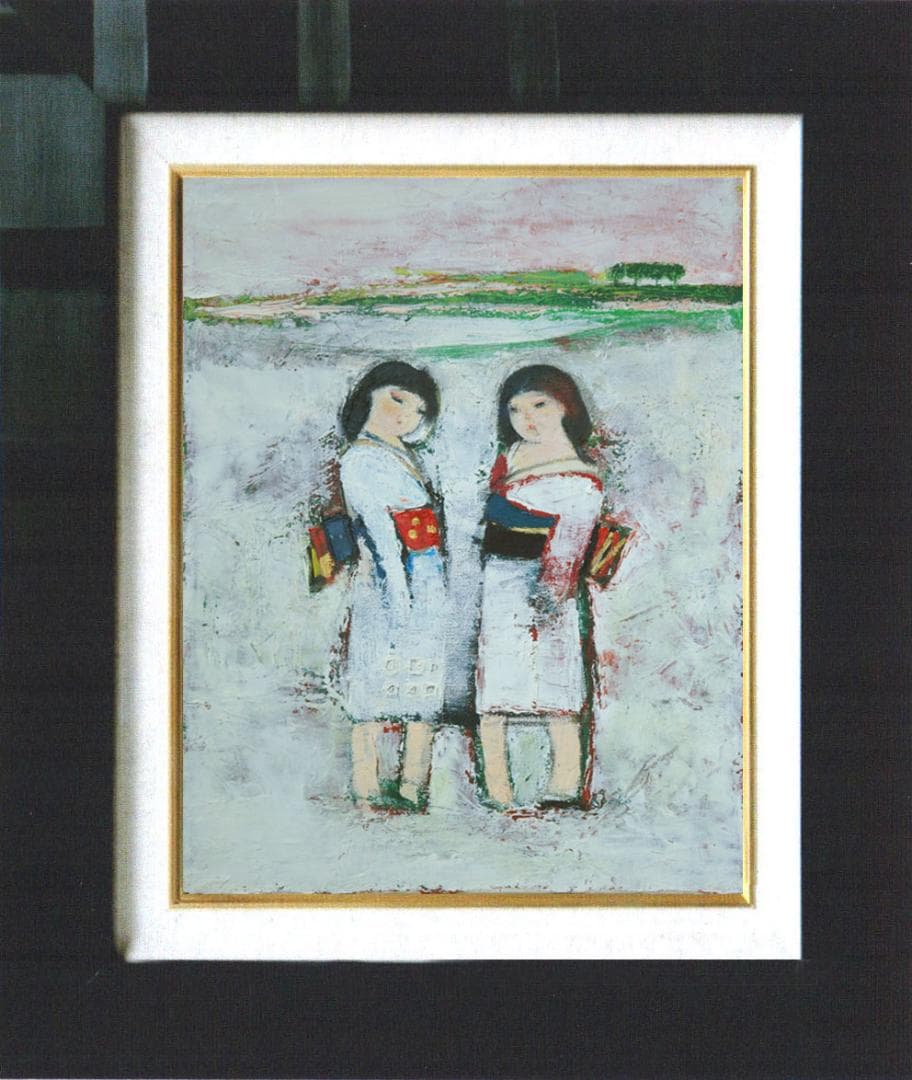 油絵 菅家令子 絵 絵画インテリア額付(黒) uF6-071402 雪国の女の子