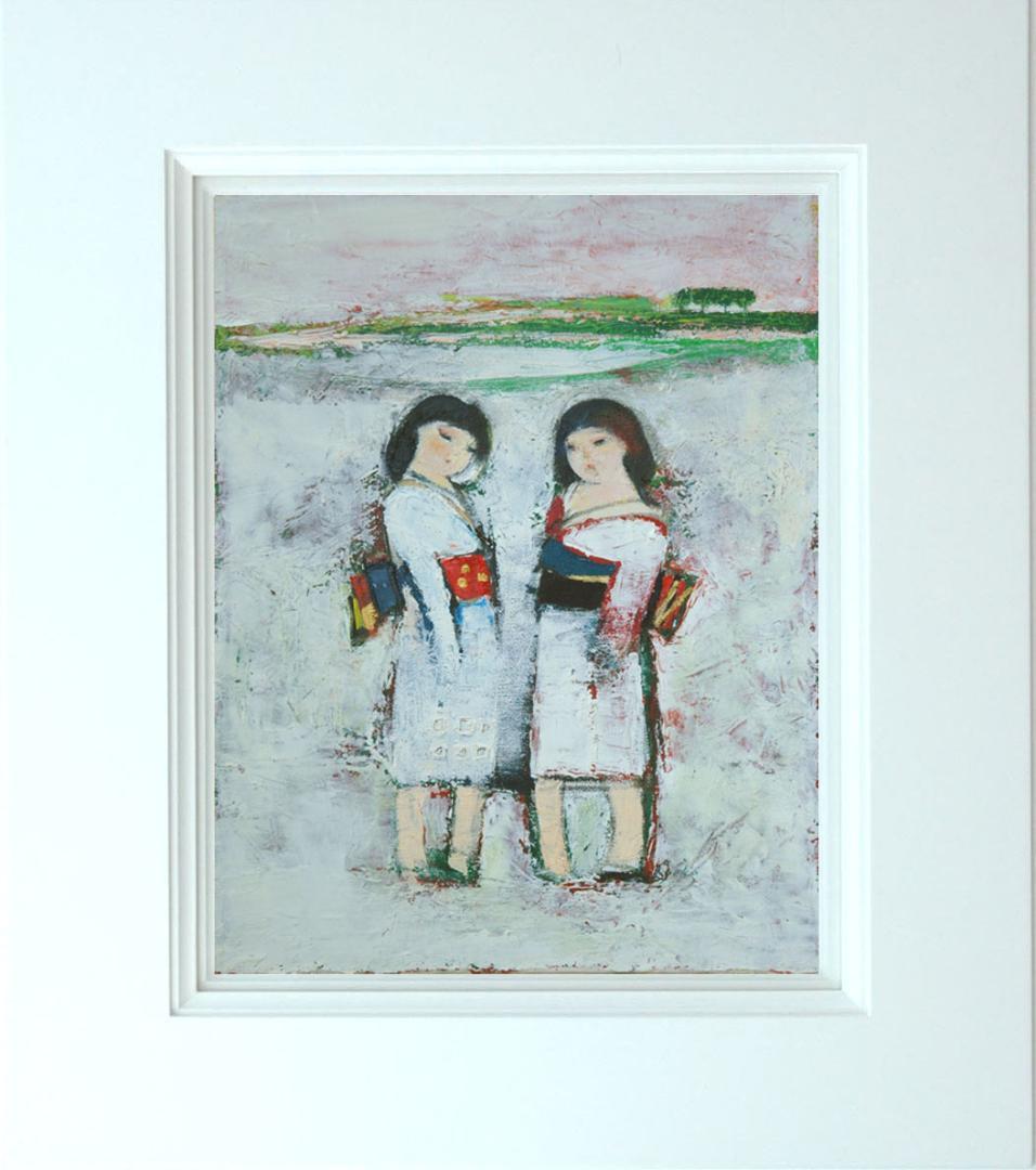 油絵 菅家令子 絵 絵画インテリア額付(黒) uF6-071402 雪国の女の子