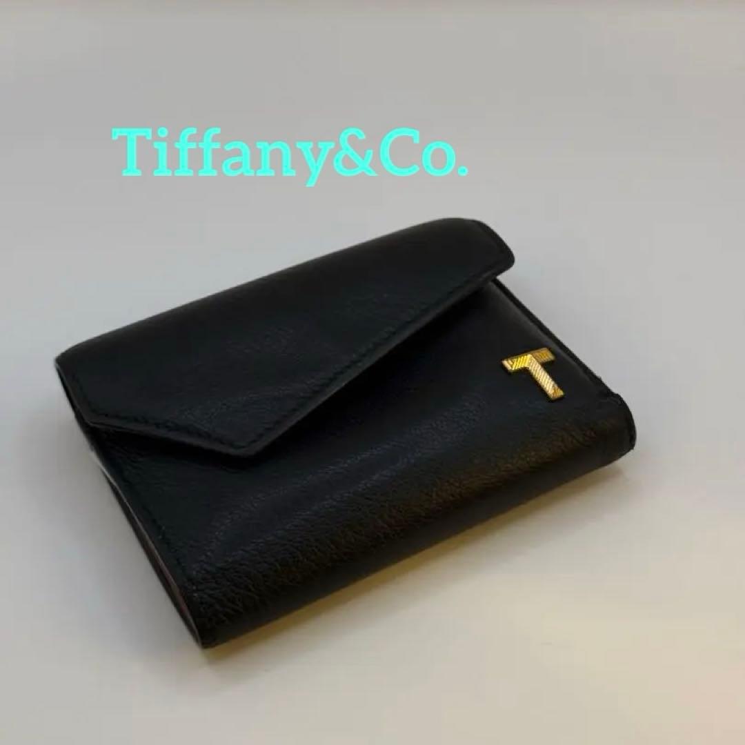 TIFFANY&Co. Tウォレット　三つ折り財布 レザー ブラック ピンク