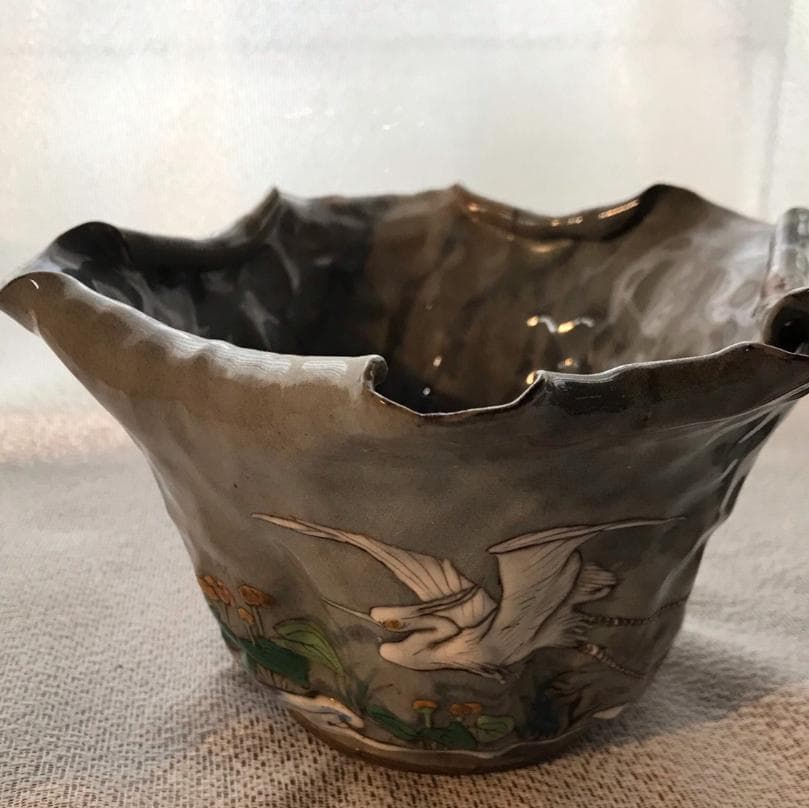 万古焼　蓮葉形丼　鴫図器　共箱　明治