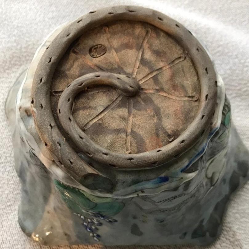 万古焼　蓮葉形丼　鴫図器　共箱　明治