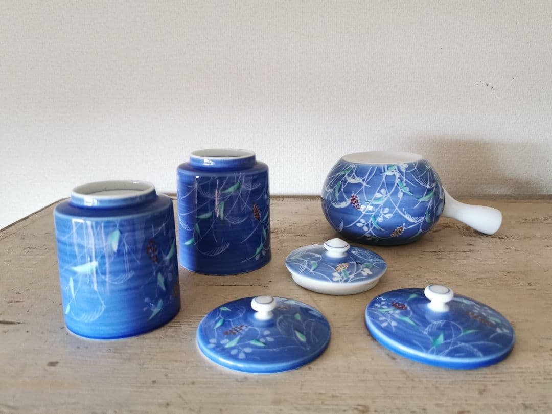 有田焼 萬右衛門 秋草手描き 蓋付きペア夫婦湯呑茶碗＆急須 茶器セット