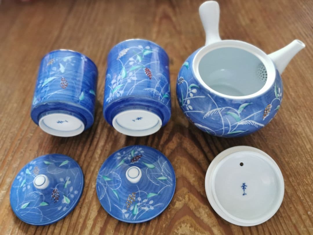 有田焼 萬右衛門 秋草手描き 蓋付きペア夫婦湯呑茶碗＆急須 茶器セット