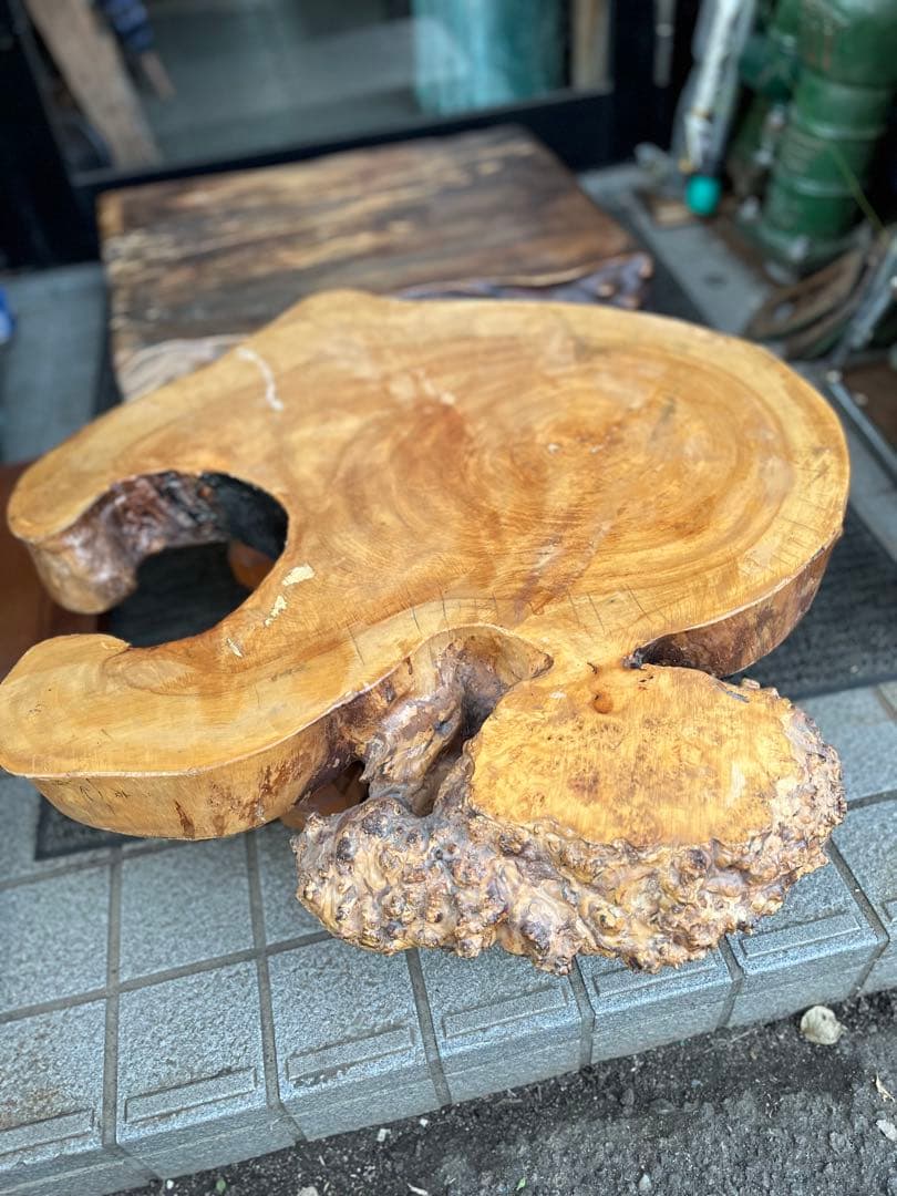 切り株座卓、木株座卓、ゴブのテーブル、鑑賞台、飾り台、タイヤ付き座卓
