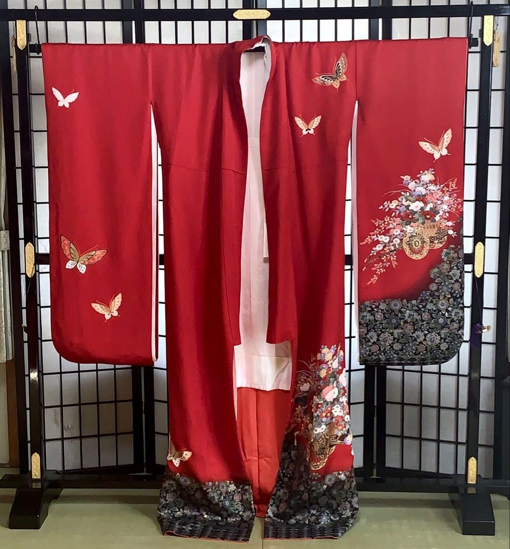 m*k様 【大特価】振袖　6点セット　蝶柄　花車　友禅　身丈166cm 朱赤系