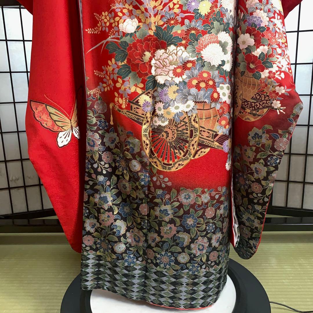 m*k様 【大特価】振袖　6点セット　蝶柄　花車　友禅　身丈166cm 朱赤系