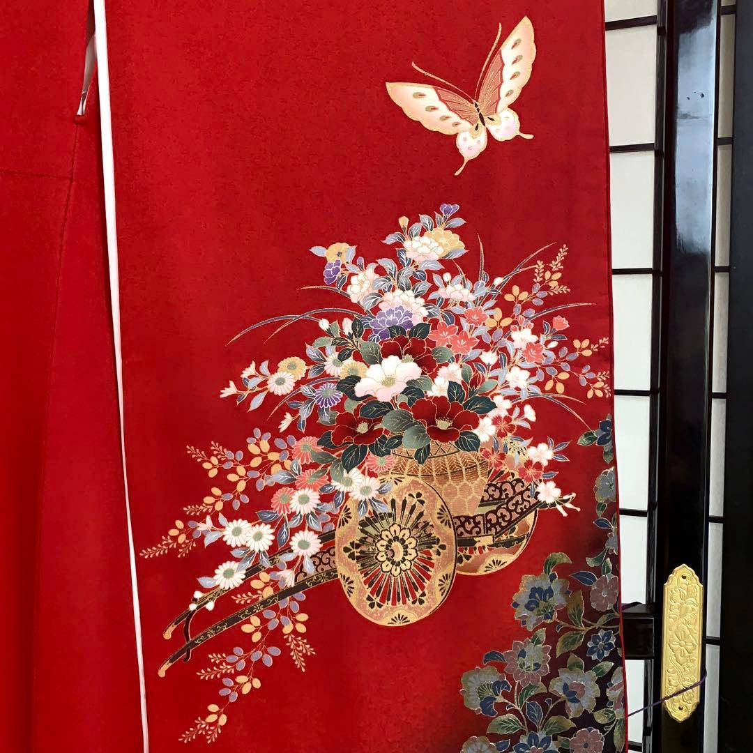 m*k様 【大特価】振袖　6点セット　蝶柄　花車　友禅　身丈166cm 朱赤系