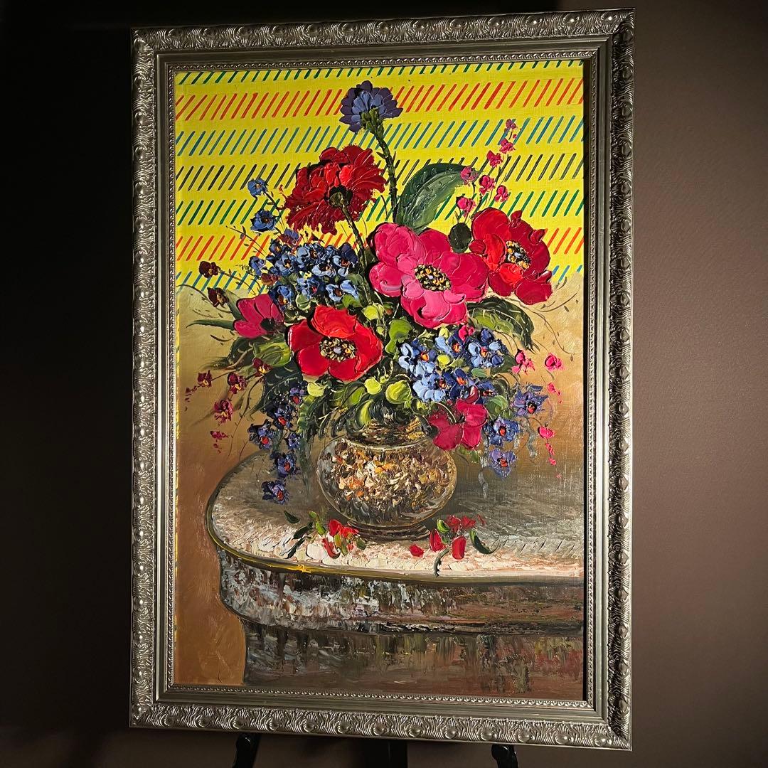 ★特大秀作★ 手書き油絵 花瓶の花 額付き 絵画 インテリア油彩画