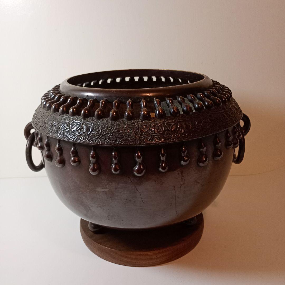 千家十職金物師　中川浄益作 紫銅瓢箪透火鉢 共箱