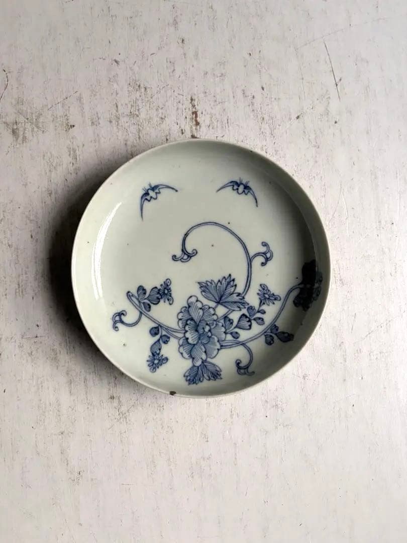 【ぷくぷく様リクエスト】骨董 アンティーク 古伊万里 コウモリと花図線描皿 3枚