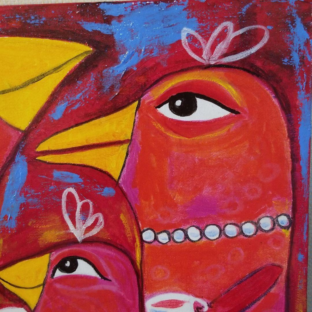 油絵　ロンロンロン　鳥の家族のティータイム