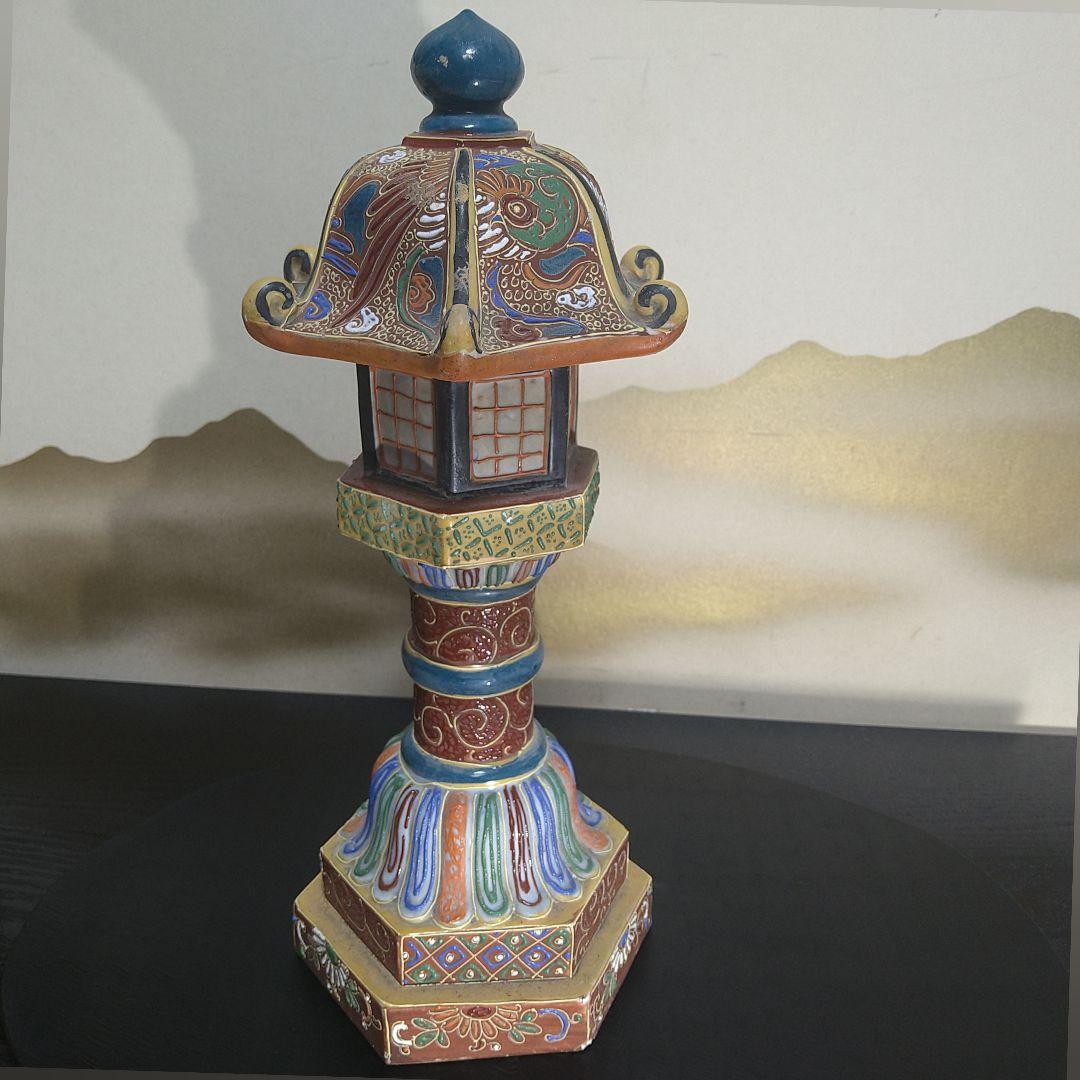 AG80 九谷焼 灯籠 草花図 色絵 六角屋根 時代物 置物 飾り物
