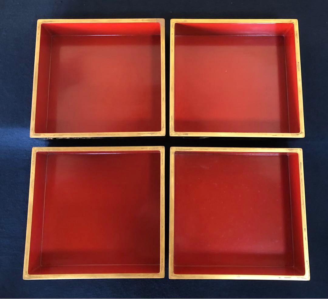 《R》黒内朱 沈金鶴亀松竹梅図 四段重 替蓋付 木製漆器 木箱 260121き6