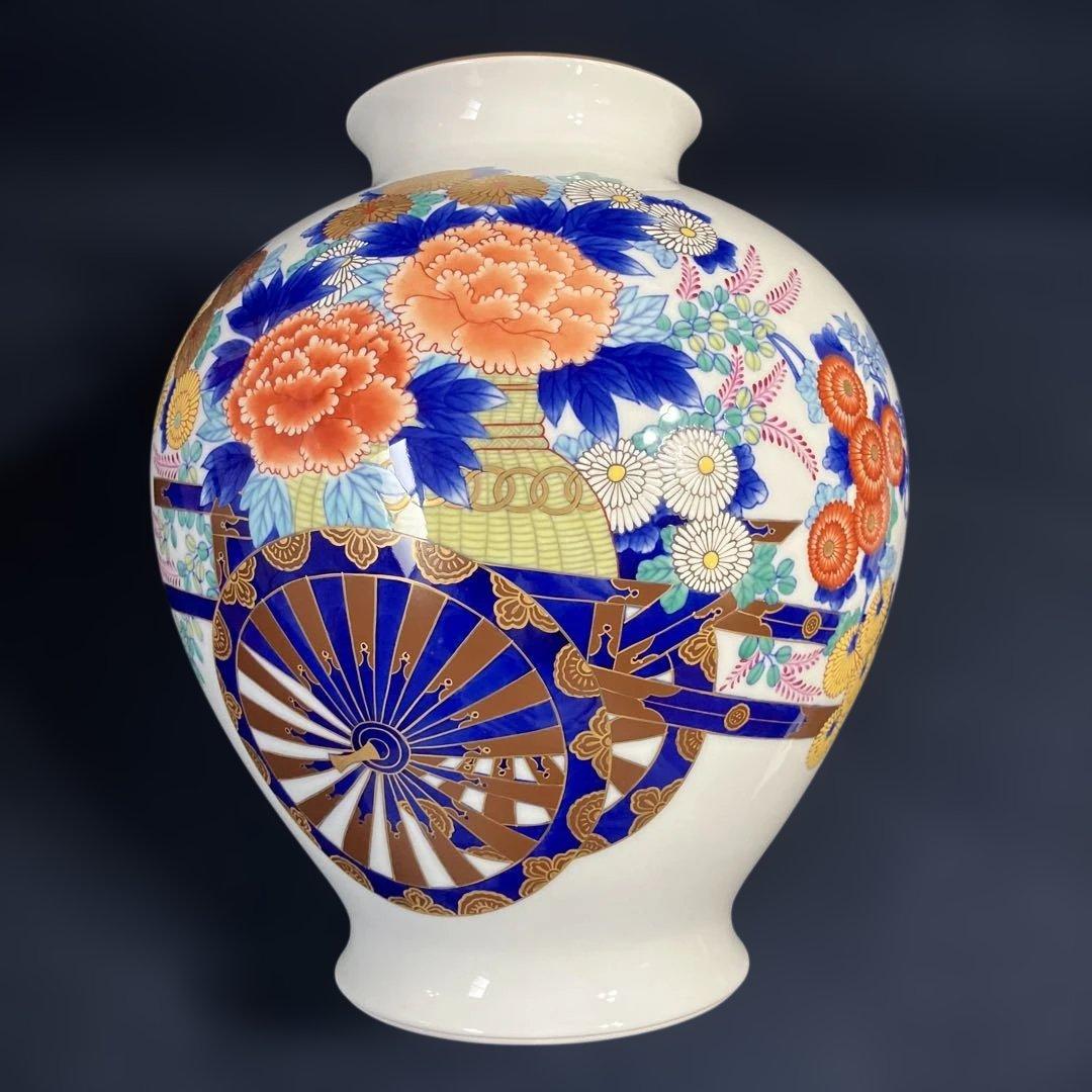 宮内庁御用達香蘭社花瓶「染錦花車」　高級花瓶