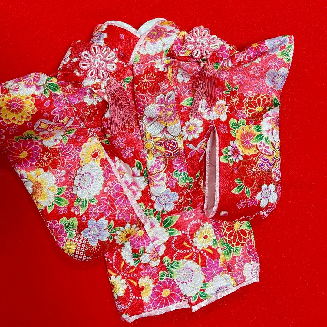 即納✨犬の着物&お被布セット 振袖 M 赤地 化繊金彩入り 七五三