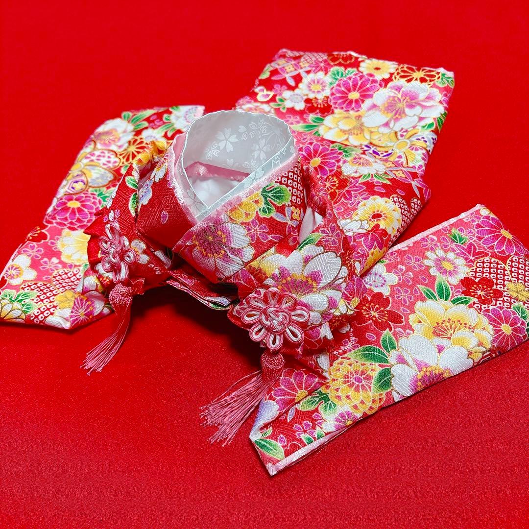 即納✨犬の着物&お被布セット 振袖 M 赤地 化繊金彩入り 七五三